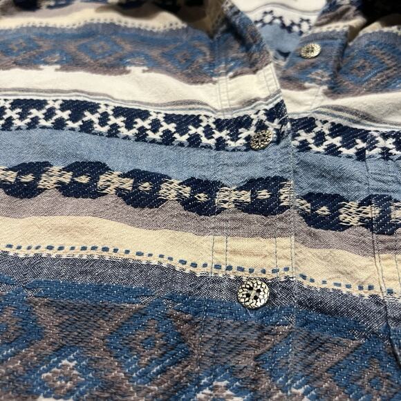 Vintage Kikimo Nepalese Woven Knit Blue Aztec Nepal Button Shirt Men's Large - Picture 4 of 5